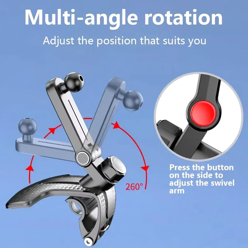 Silver metallic adjustable car phone mount with 260-degree swivel arm and red adjustment button for dashboard use