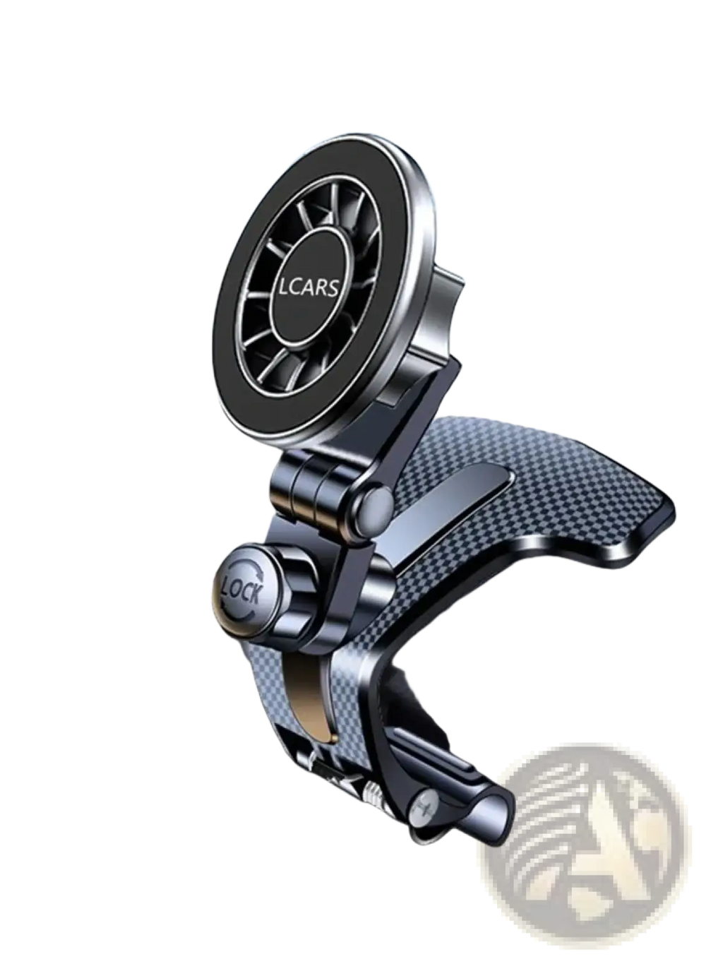 Adjustable car phone mount magnetic holder in black and silver with a carbon fiber textured base for dashboard use