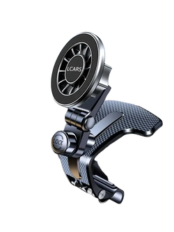 Adjustable car phone mount magnetic holder in black and silver with a carbon fiber textured base for dashboard use