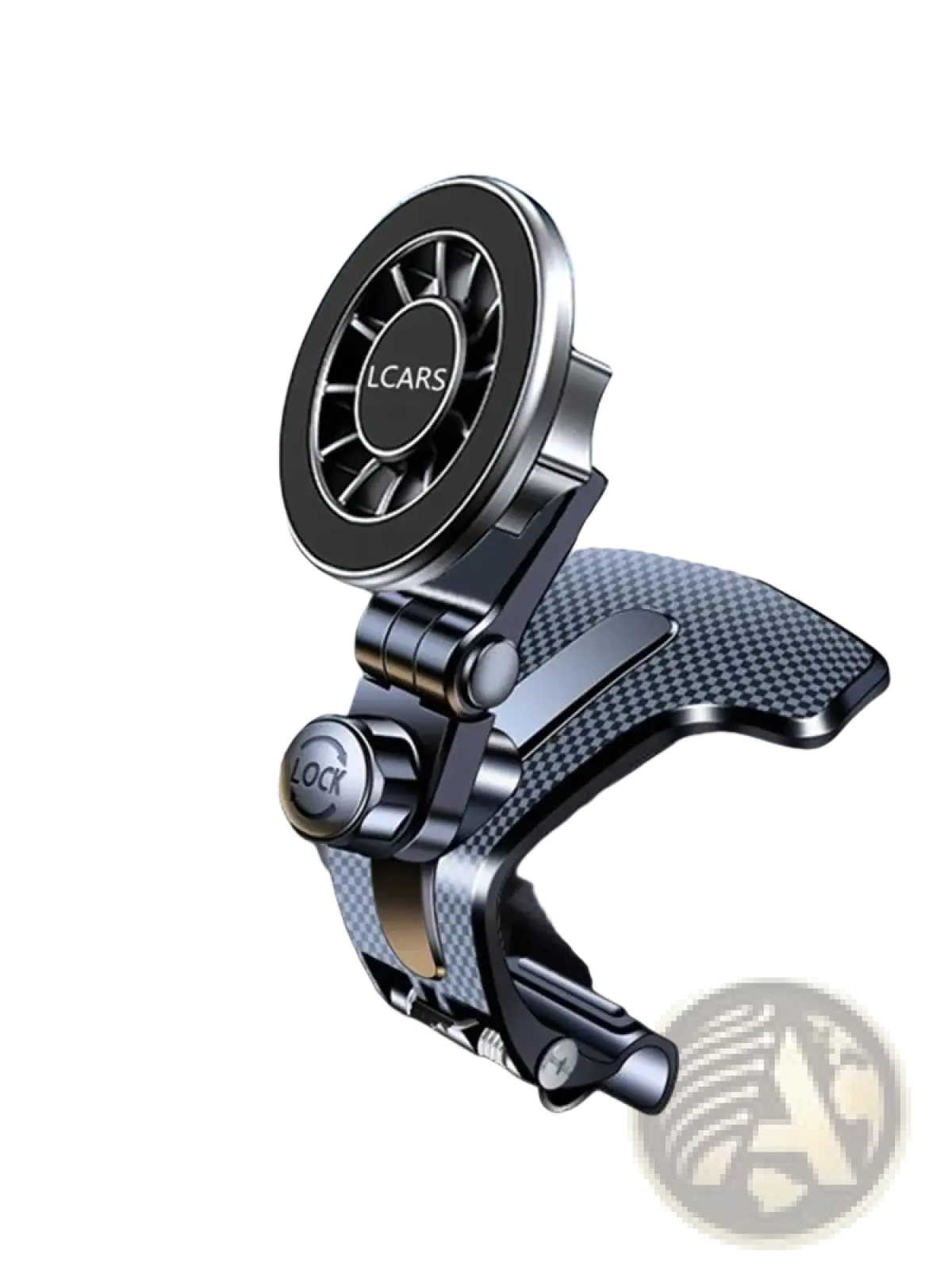 Adjustable car phone mount magnetic holder in black and silver with a carbon fiber textured base for dashboard use