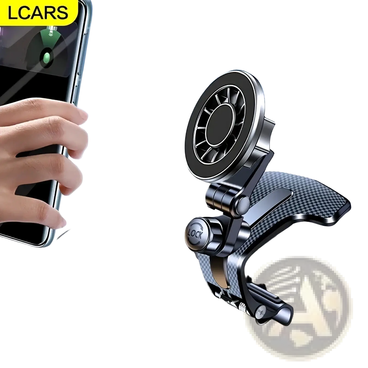 Adjustable car phone mount dashboard navigation holder in black and silver with carbon fiber textured base
