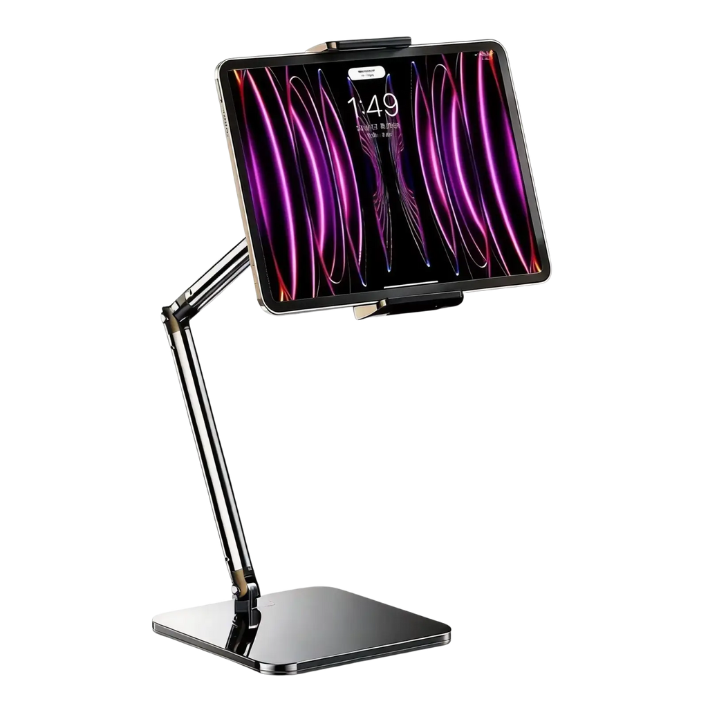 Black metallic adjustable desktop holder with stable support for inch smartphones holding tablet with purple wallpaper