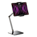 Black metallic adjustable desktop holder with stable support for inch smartphones holding tablet with purple wallpaper