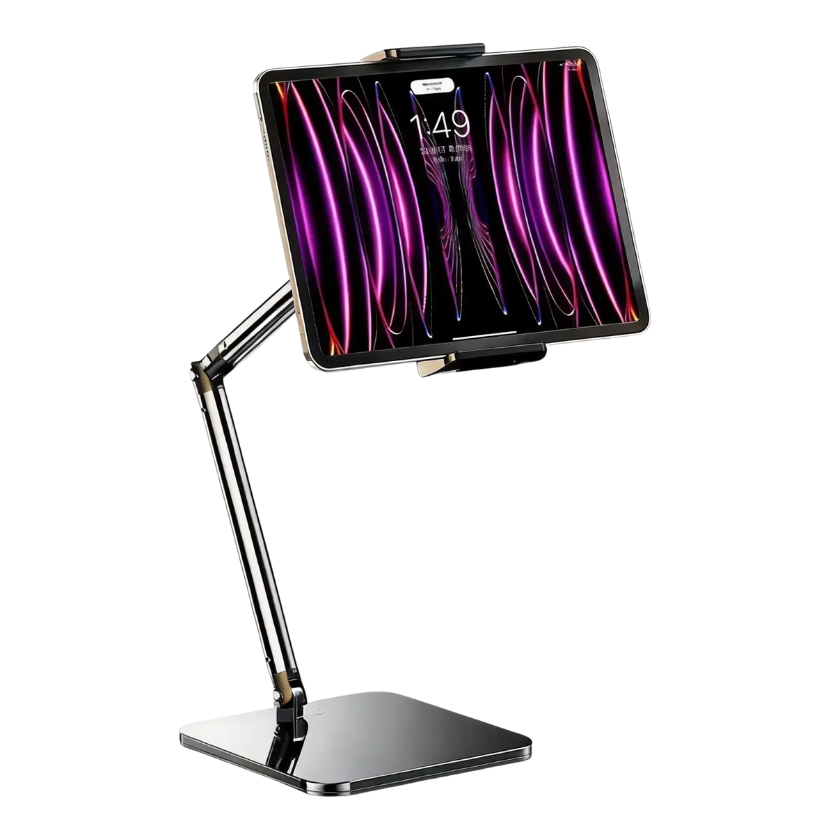 Black metallic adjustable desktop holder with stable support for inch smartphones holding tablet with purple wallpaper