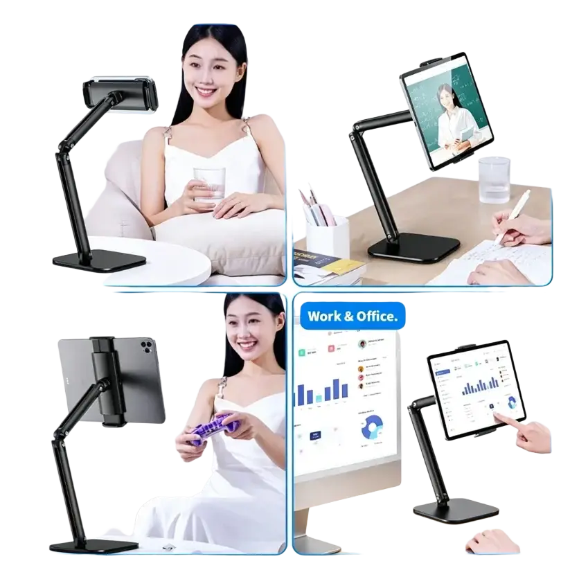 Black adjustable desktop holder with sleek minimalist design and sturdy base providing stable support for inch smartphones