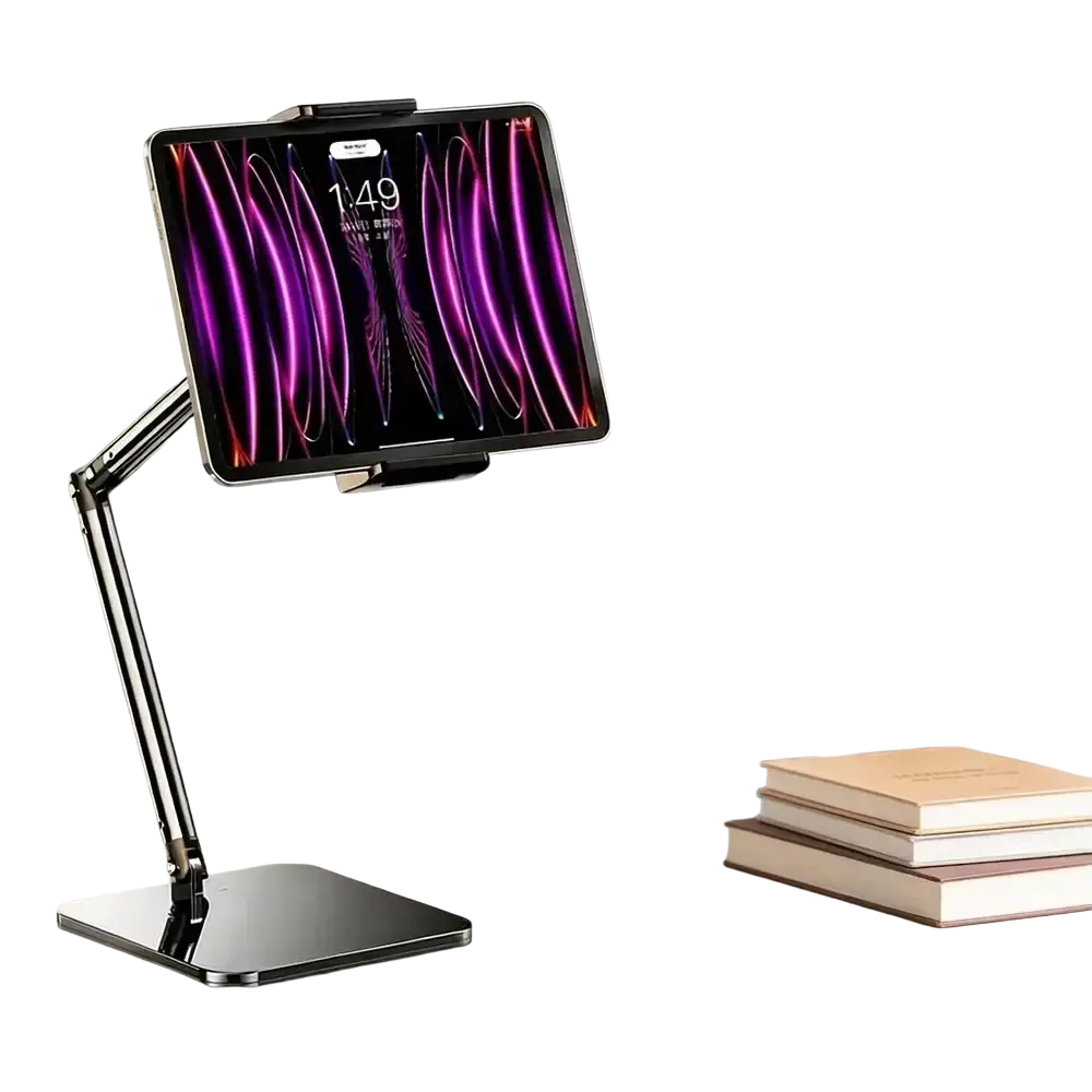 Black adjustable desktop holder with sleek metallic finish providing stable support for inch smartphones