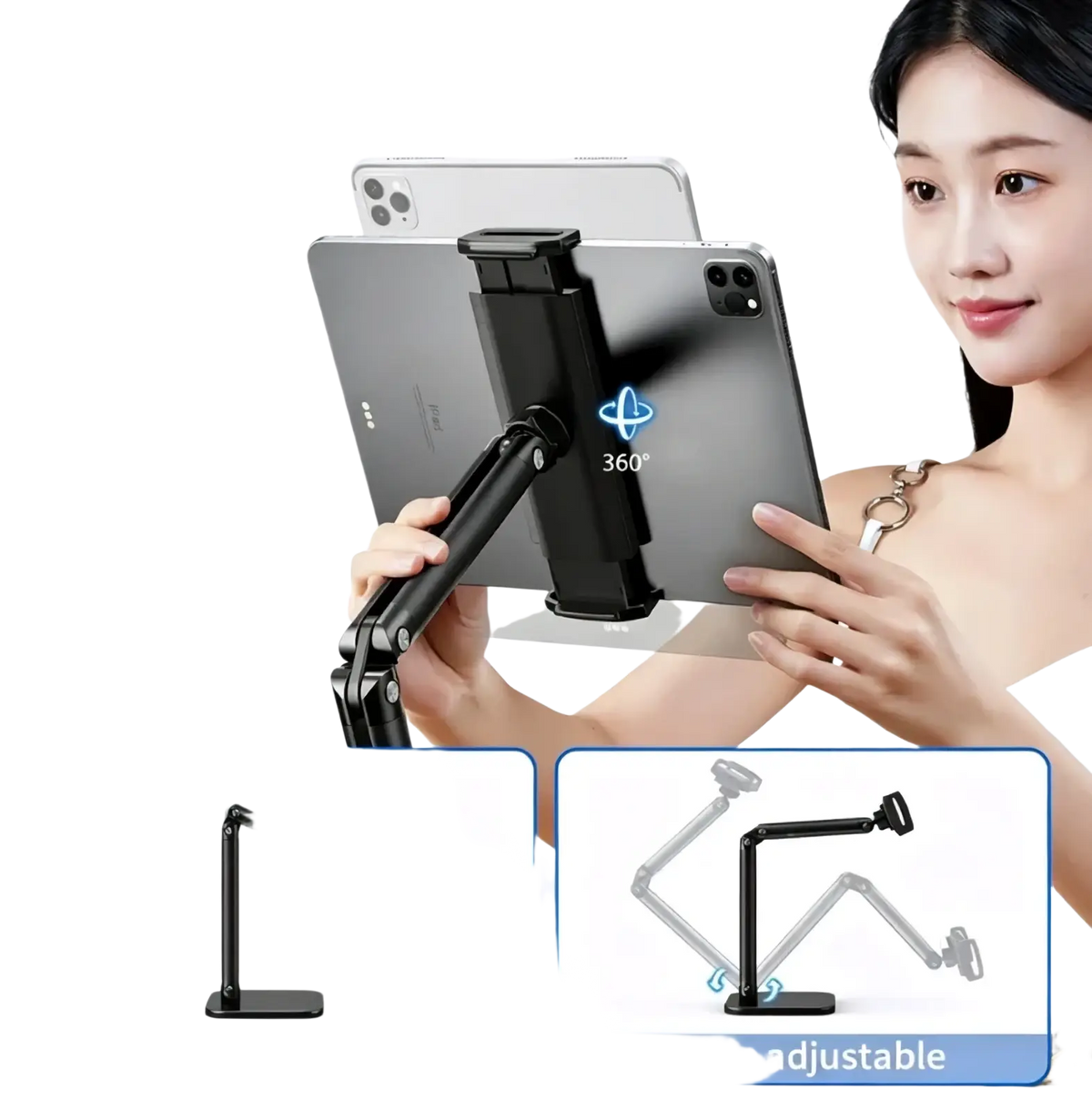 Black adjustable desktop holder with 360-degree rotation and stable support for inch smartphones
