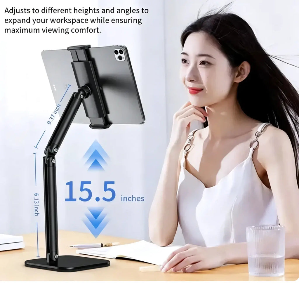Black adjustable desktop holder with articulated arm and stable support for ergonomic viewing of inch smartphones