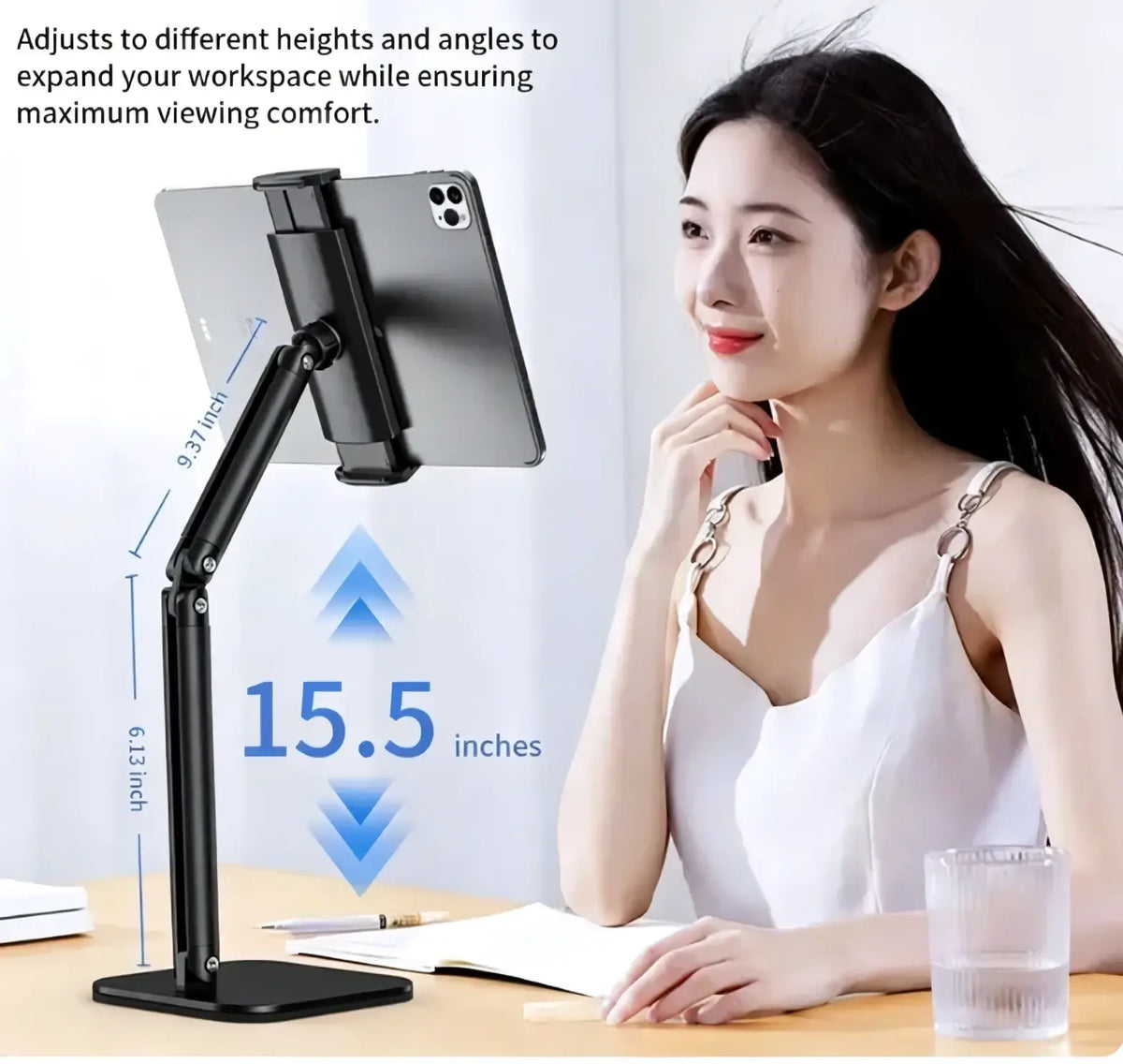 Black adjustable desktop holder with articulated arm and stable support for ergonomic viewing of inch smartphones