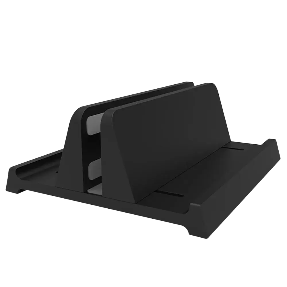 Black plastic adjustable desktop laptop and tablet stand with a sleek minimalist design for ergonomic use