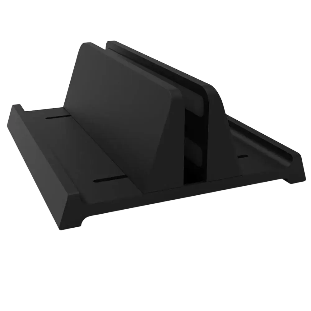 Black plastic adjustable desktop laptop and tablet stand with sleek minimalist design for workspace use
