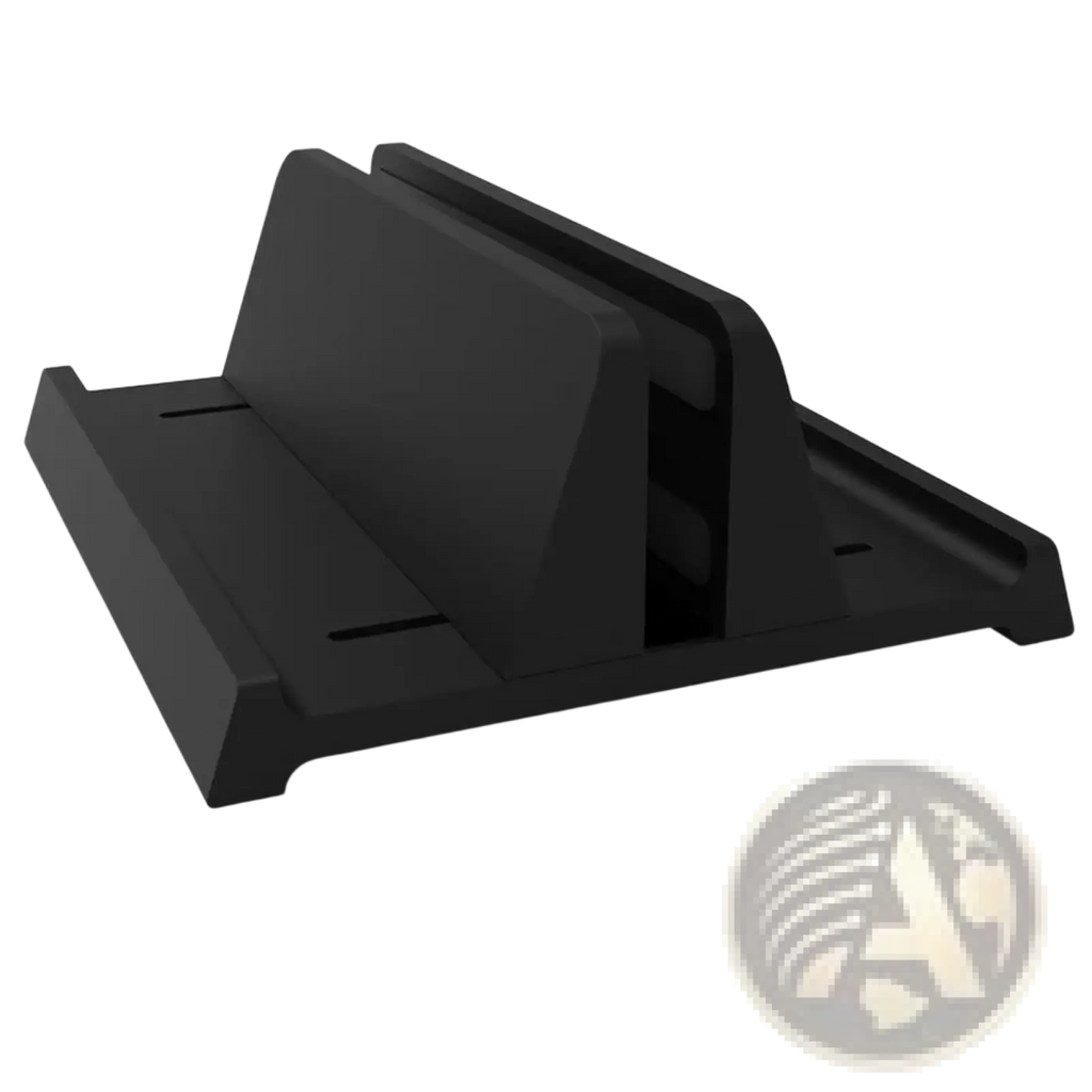 Black plastic adjustable desktop laptop and tablet stand with sleek minimalist design for workspace use