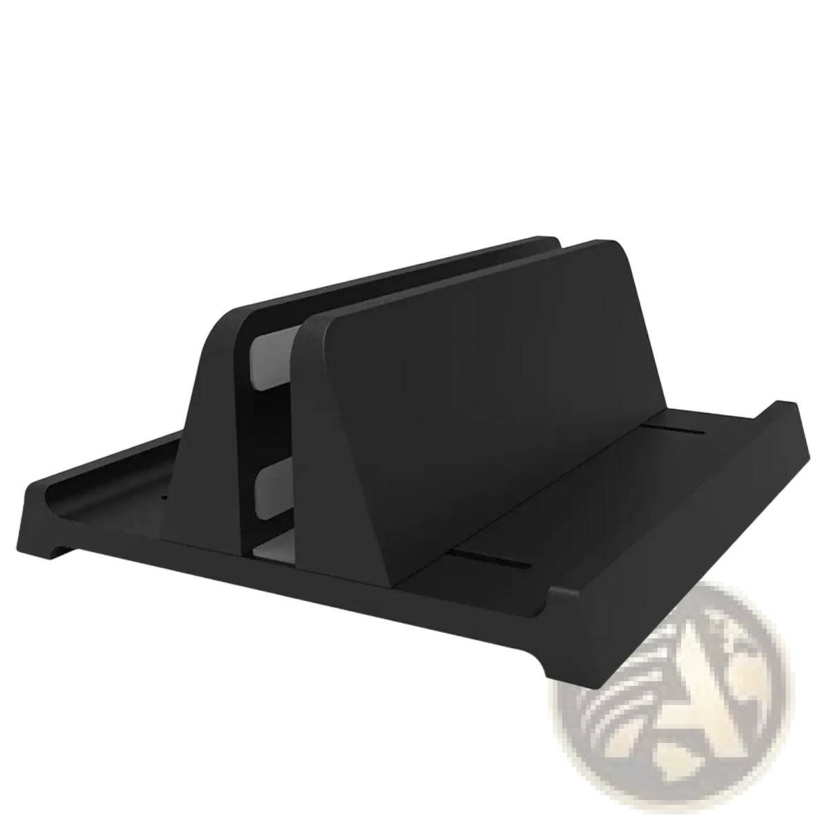 Black plastic adjustable desktop laptop and tablet stand with a sleek minimalist design for ergonomic use
