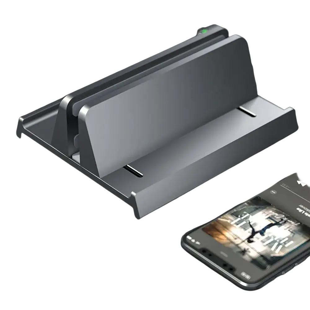Adjustable desktop laptop and tablet stand in gray metal with a minimalist design and two slots for device holding