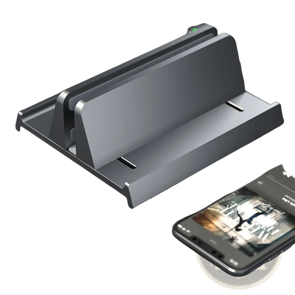 Adjustable desktop laptop and tablet stand in gray metal with a minimalist design and two slots for device holding