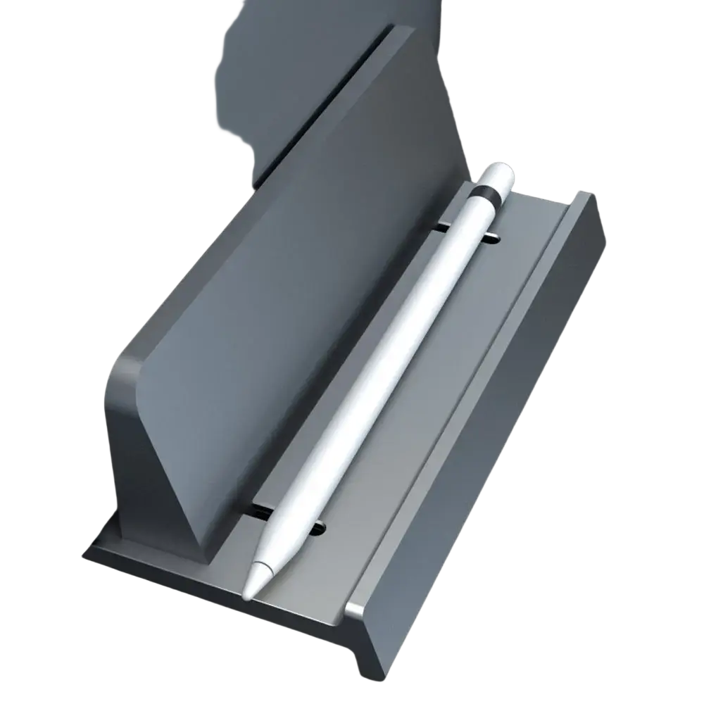 Silver aluminum adjustable desktop laptop and tablet stand holding a white apple pencil with black grip band