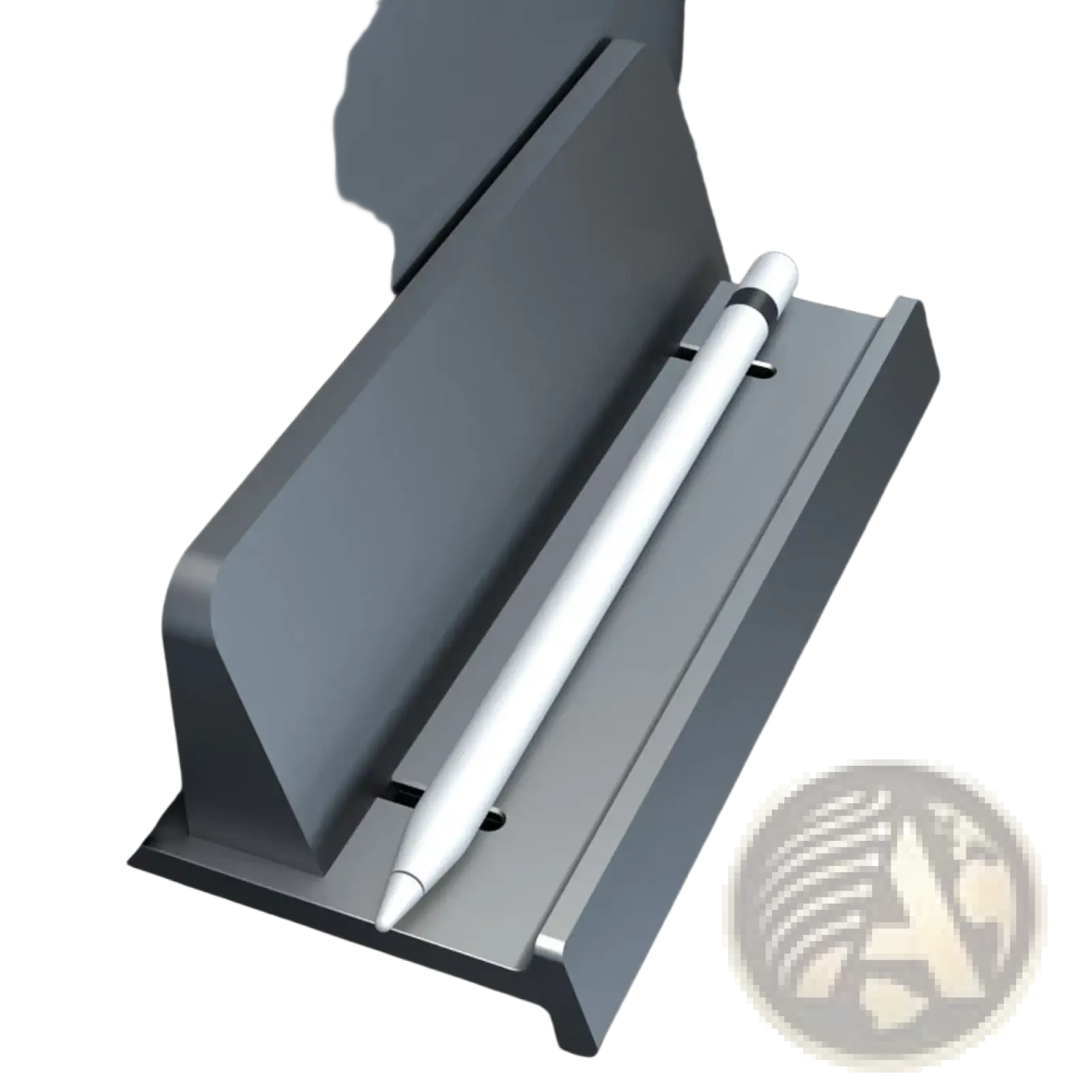 Silver aluminum adjustable desktop laptop and tablet stand holding a white apple pencil with black grip band