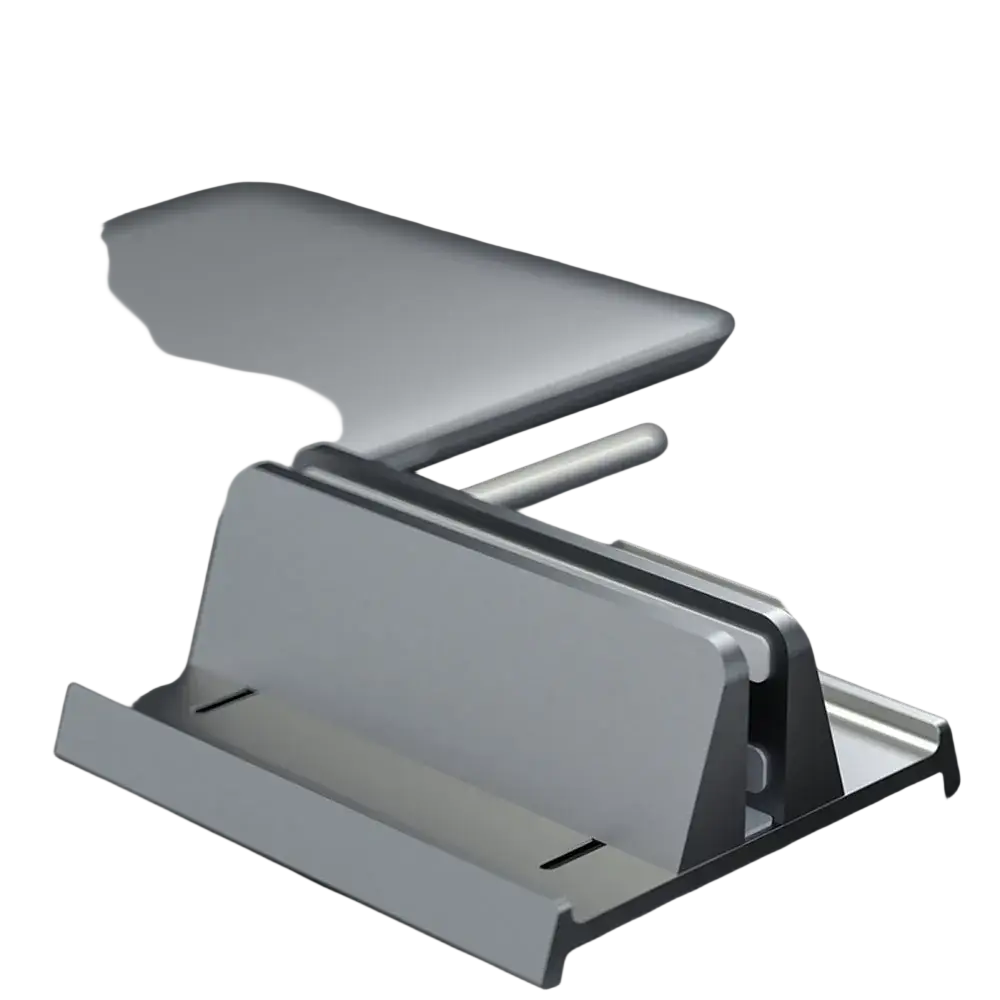 Silver metallic adjustable desktop laptop and tablet stand with sleek minimalist design and adjustable viewing angle