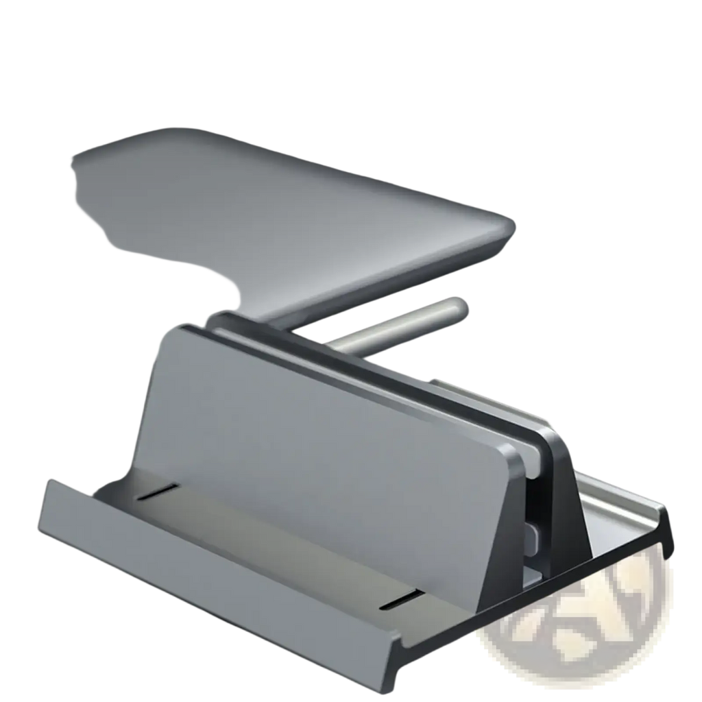 Silver metallic adjustable desktop laptop and tablet stand with sleek minimalist design and adjustable viewing angle