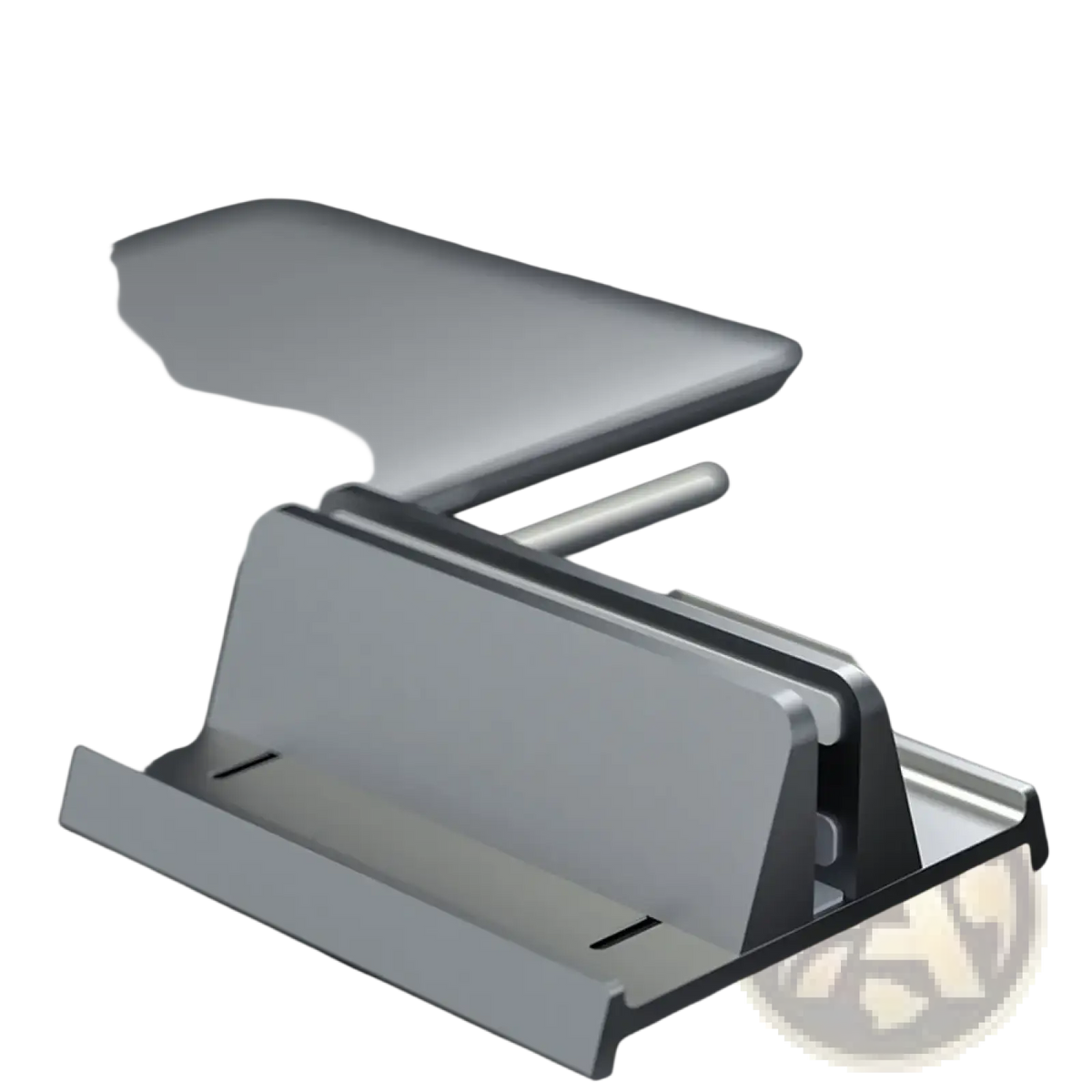 Silver metallic adjustable desktop laptop and tablet stand with sleek minimalist design and adjustable viewing angle