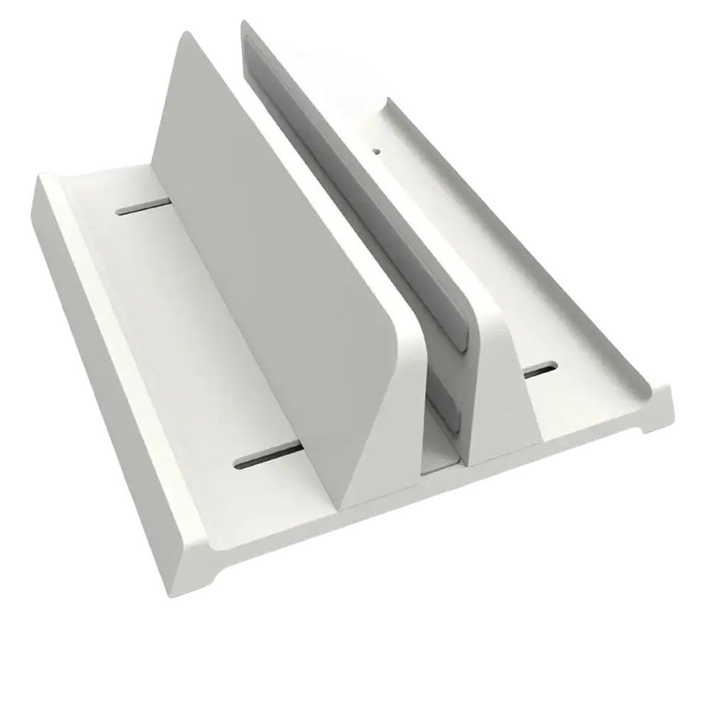 White plastic adjustable desktop laptop and tablet stand with two angled slots for device support