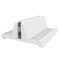 Adjustable desktop laptop and tablet stand in white plastic with sleek minimalist design and two adjustable device slots