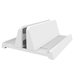 Adjustable desktop laptop and tablet stand in white plastic with sleek minimalist design and two adjustable device slots