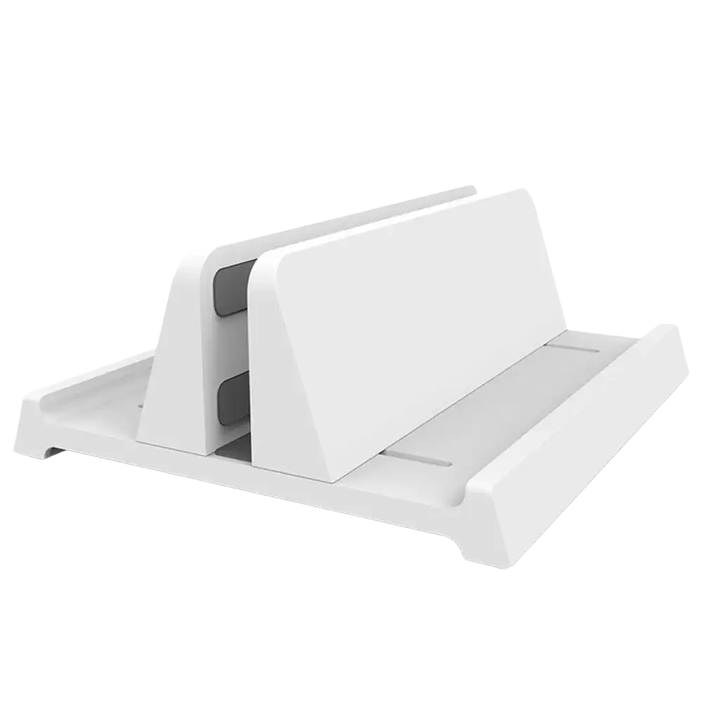 Adjustable desktop laptop and tablet stand in white plastic with sleek minimalist design and two adjustable device slots