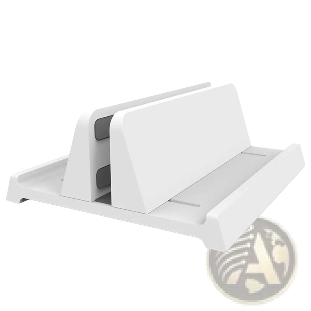 Adjustable desktop laptop and tablet stand in white plastic with sleek minimalist design and two adjustable device slots