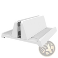 Adjustable desktop laptop and tablet stand in white plastic with sleek minimalist design and two adjustable device slots