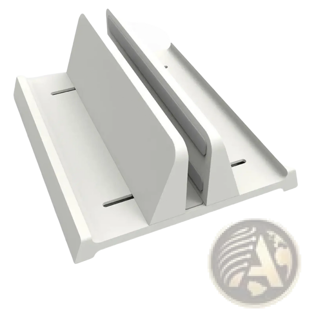 White plastic adjustable desktop laptop and tablet stand with two angled slots for device support