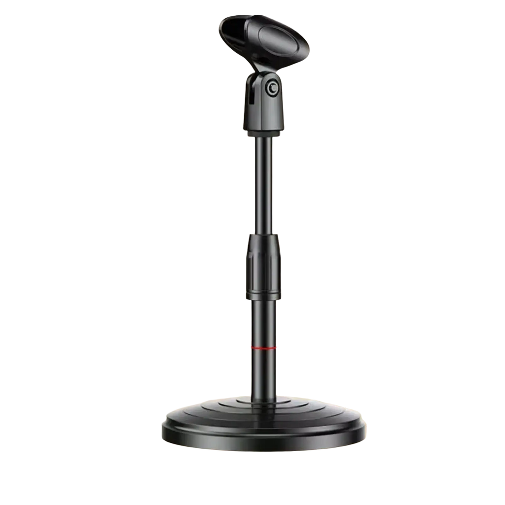 Adjustable desktop microphone stand and holder in black with a circular base and telescoping pole for stability