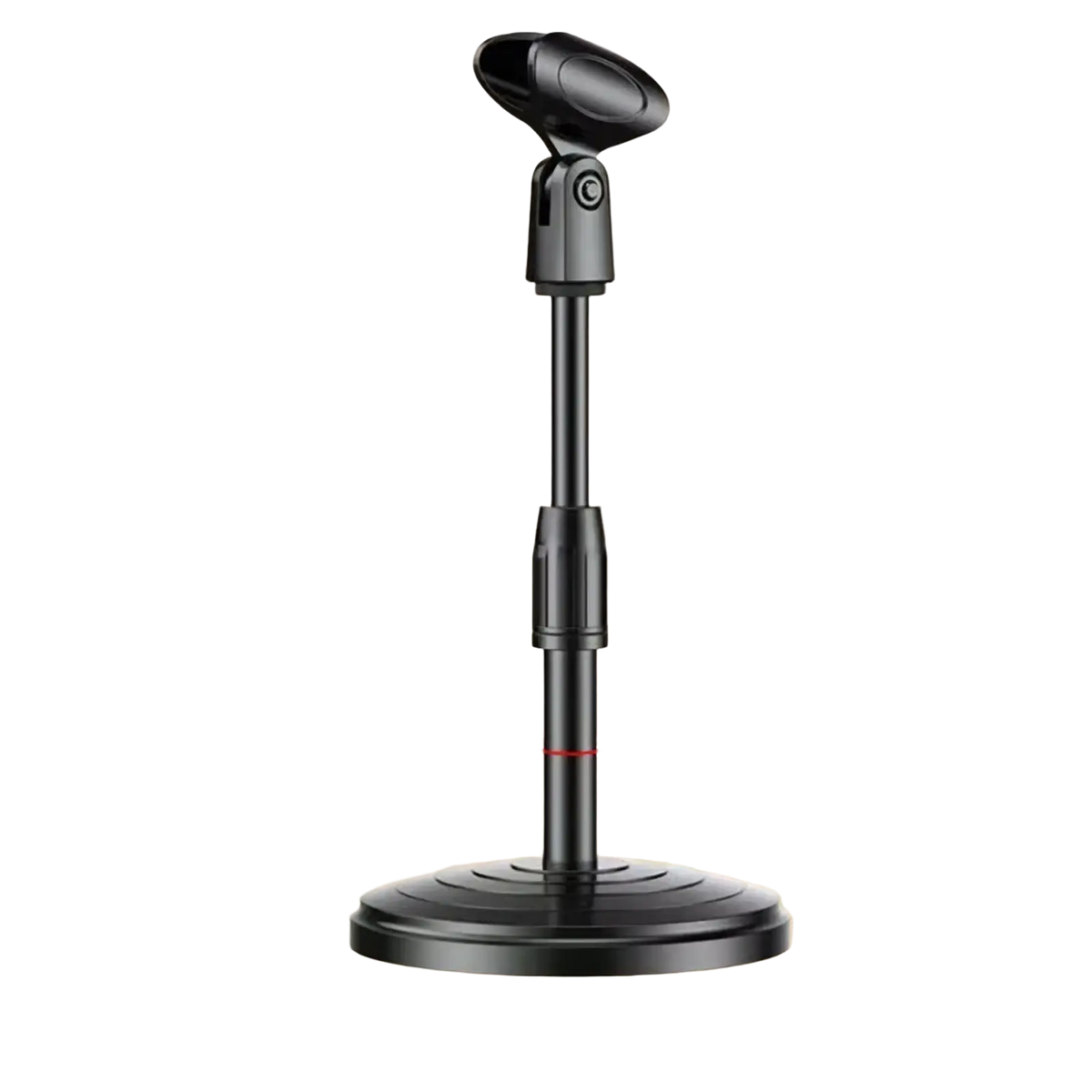 Adjustable desktop microphone stand and holder in black with a circular base and telescoping pole for stability
