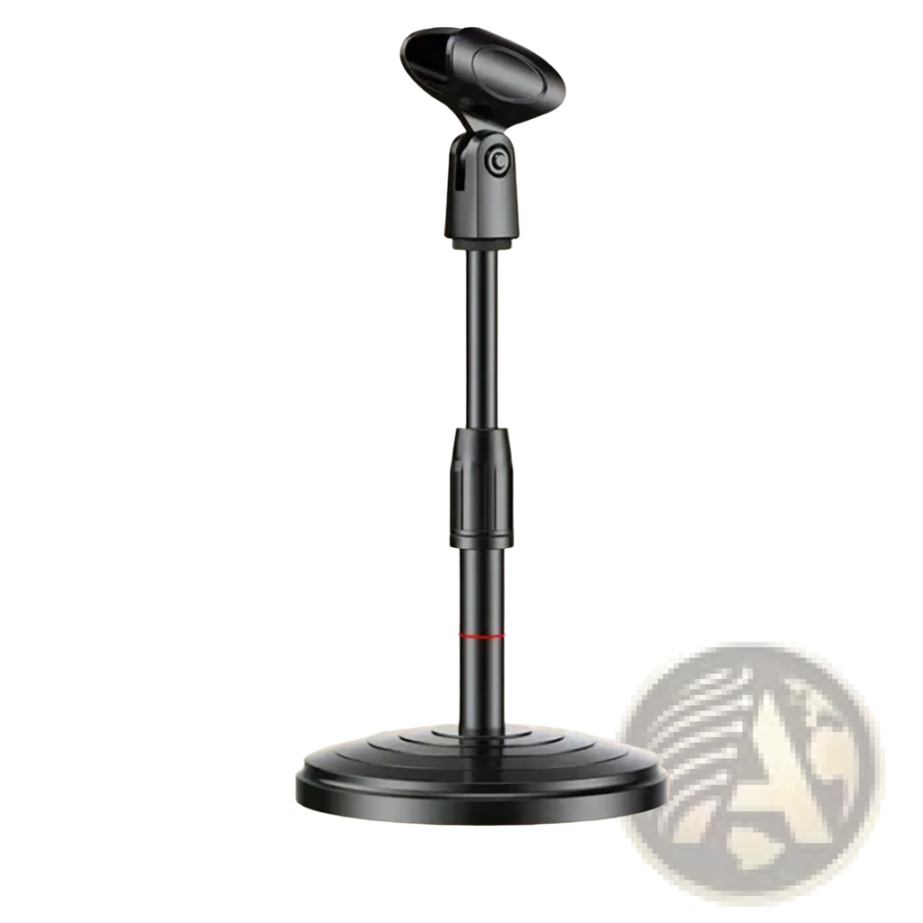 Adjustable desktop microphone stand and holder in black with a circular base and telescoping pole for stability