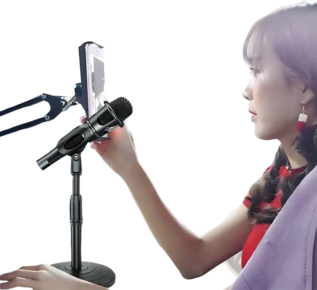 Black condenser microphone with mesh grille and metallic finish mounted on an adjustable desktop microphone stand and holder