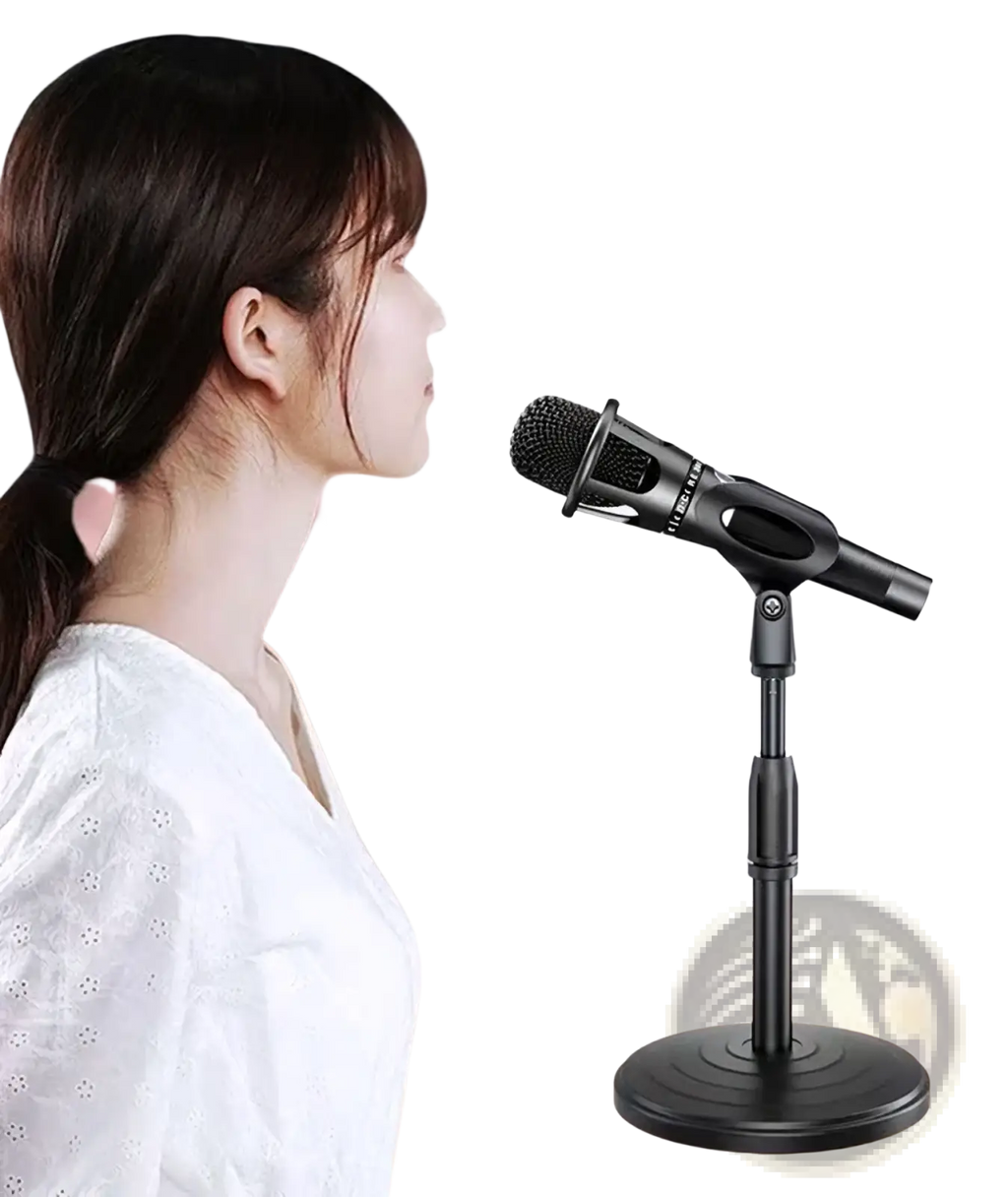 Black handheld microphone with mesh grille and ergonomic grip mounted on adjustable desktop microphone stand and holder