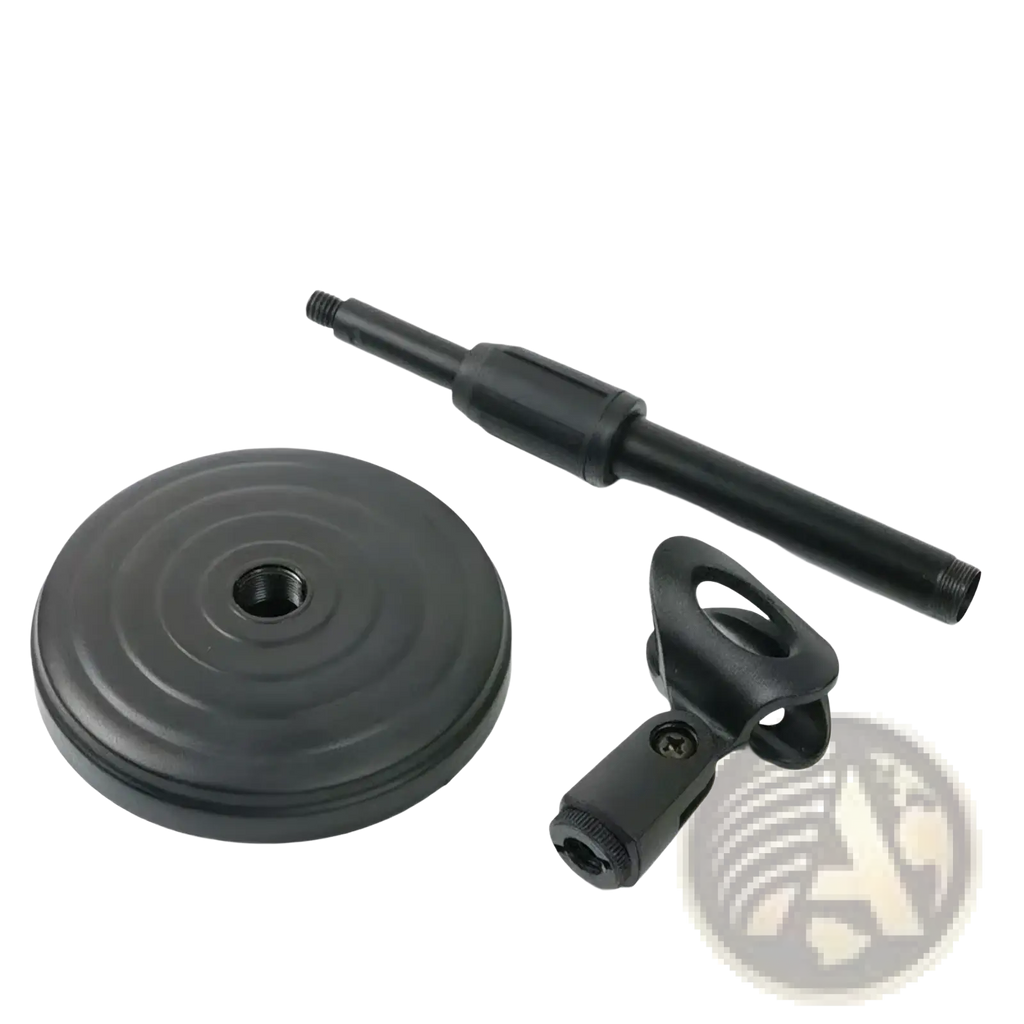 Black plastic adjustable desktop microphone stand with clamp and circular base for secure microphone placement