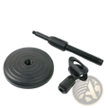 Black plastic adjustable desktop microphone stand with clamp and circular base for secure microphone placement