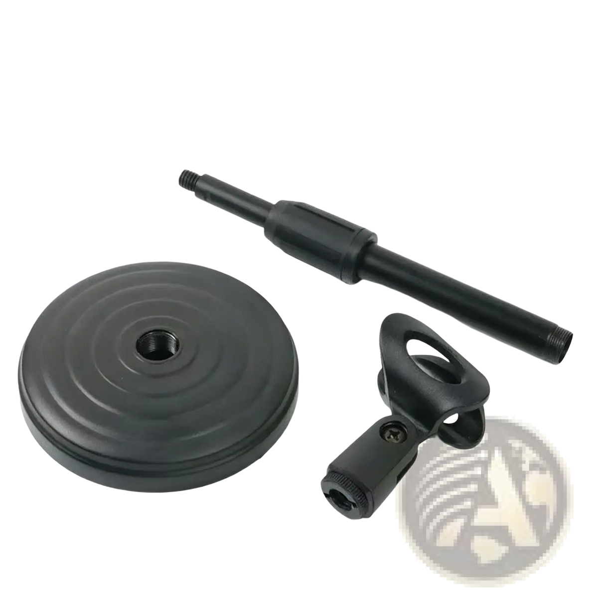 Black plastic adjustable desktop microphone stand with clamp and circular base for secure microphone placement