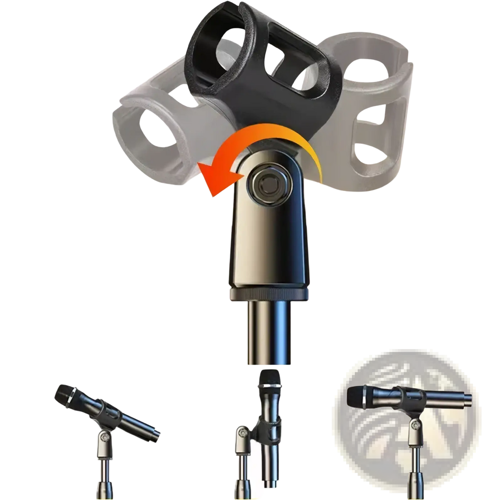 Adjustable desktop microphone stand and holder with black and silver metal clamp and rotating joint for secure attachment