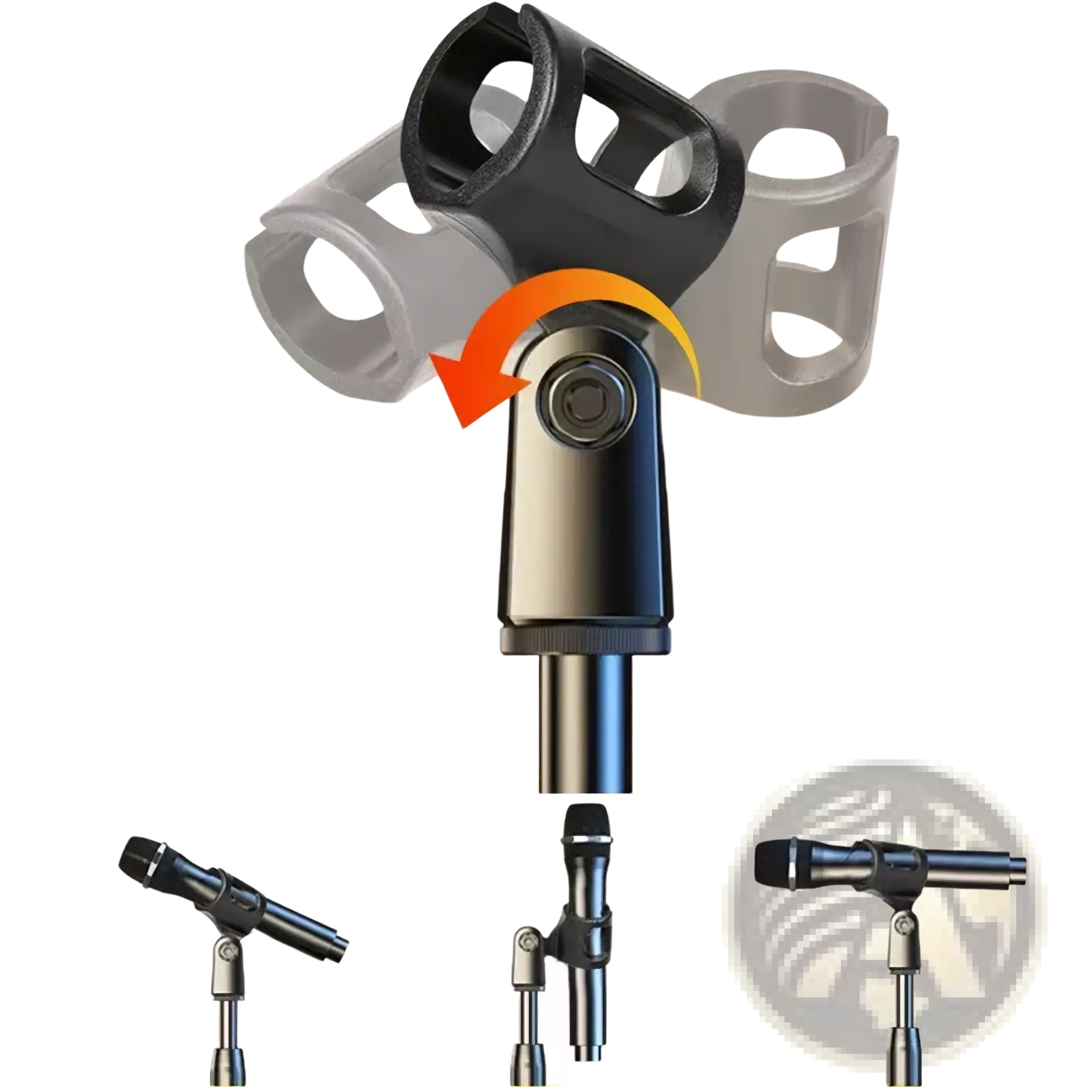 Adjustable desktop microphone stand and holder with black and silver metal clamp and rotating joint for secure attachment