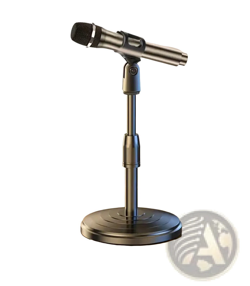 Silver-colored adjustable desktop microphone stand and holder with a sturdy metal base and mounted microphone