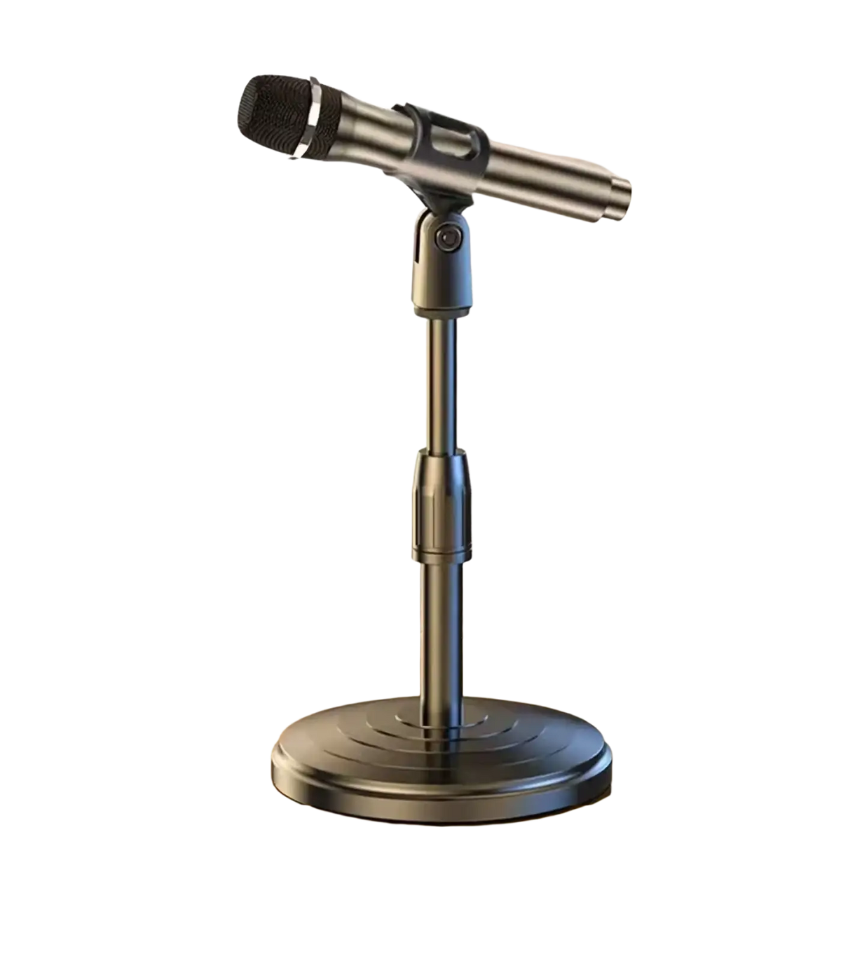 Silver-colored adjustable desktop microphone stand and holder with a sturdy metal base and mounted microphone