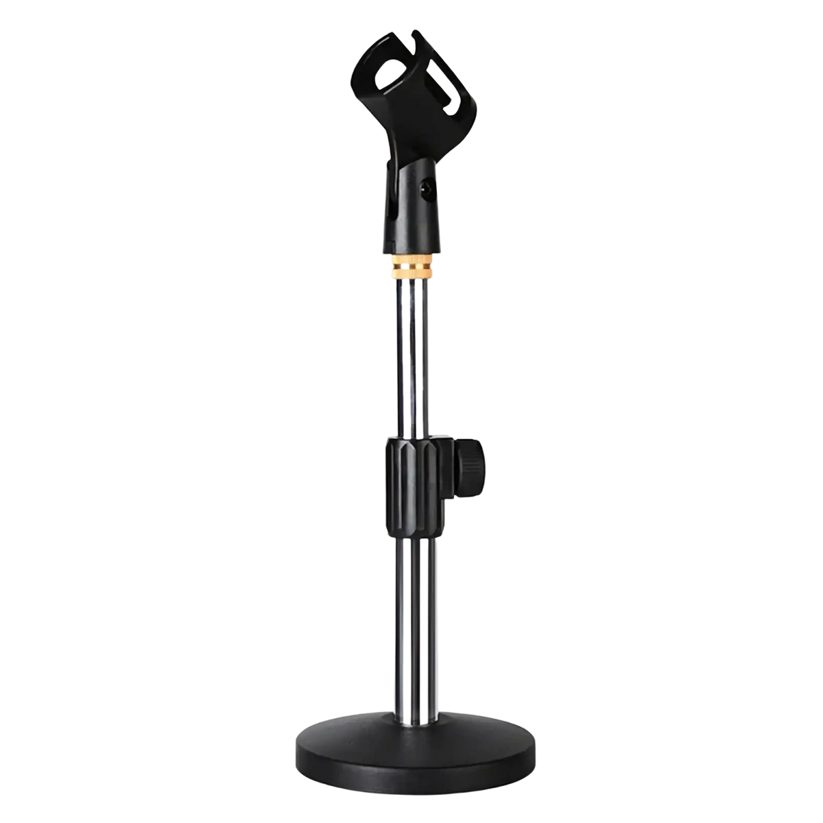 Adjustable desktop microphone stand with black base and chrome telescoping pole with adjustable clamp for tabletop use