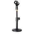 Adjustable desktop microphone stand with black body, gold-colored joint, and adjustable height mechanism for tabletop use