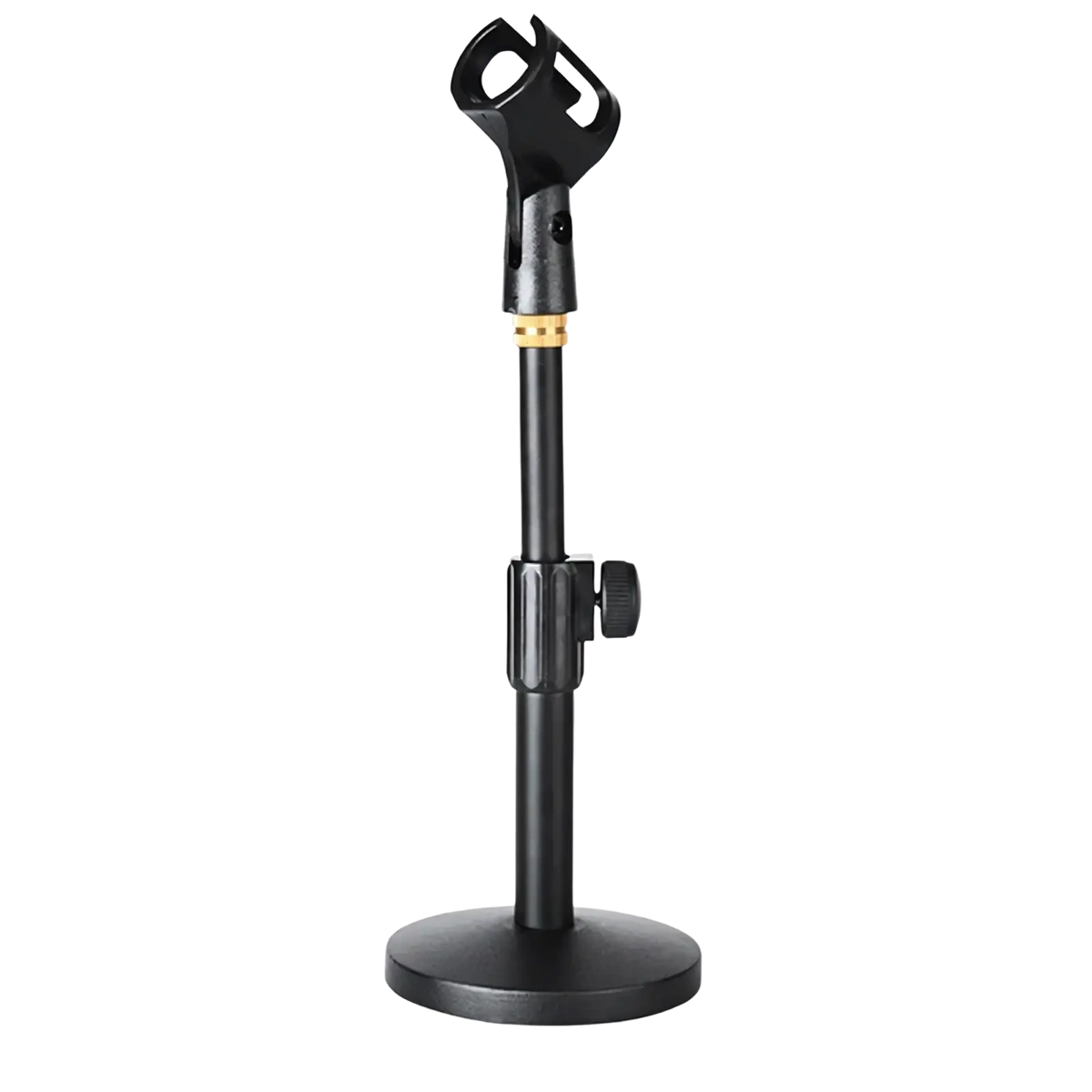 Adjustable desktop microphone stand with black body, gold-colored joint, and adjustable height mechanism for tabletop use