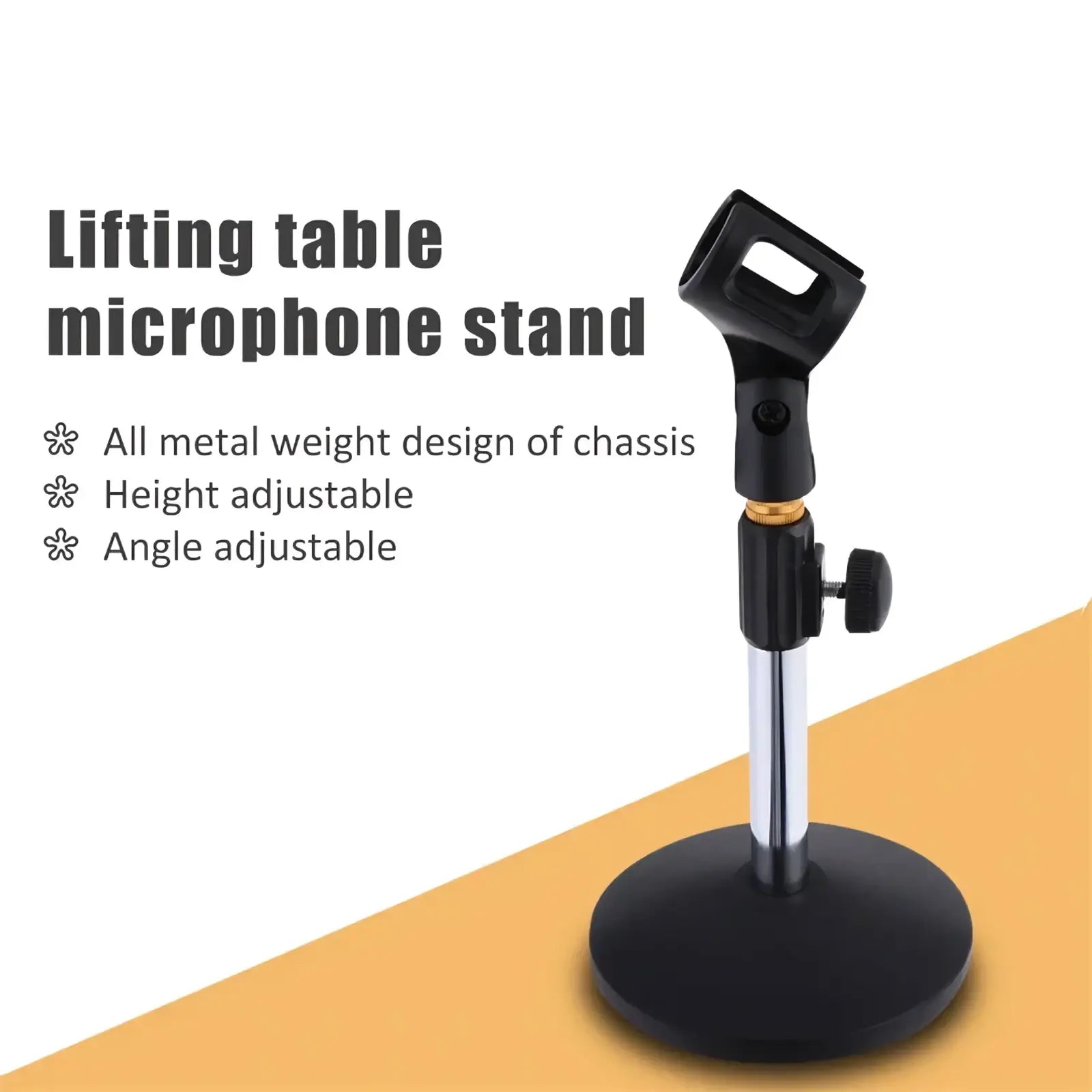Adjustable desktop microphone stand tabletop mount in black and chrome with a sturdy base for stable use