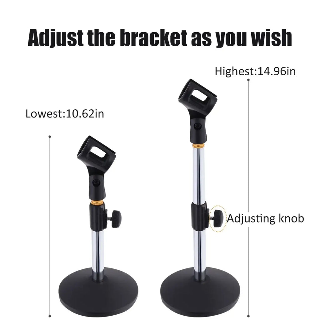 Adjustable desktop microphone stand tabletop mount in black and chrome with circular base and height adjustment knob