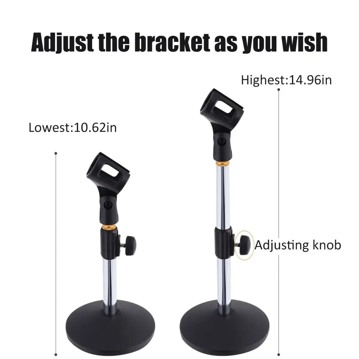 Adjustable desktop microphone stand tabletop mount in black and chrome with circular base and height adjustment knob