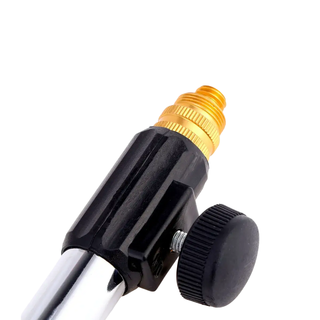 Adjustable desktop microphone stand tabletop mount with black plastic knob gold threaded connector and metallic pole